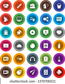 White Solid Icon Set- plunger vector, fetlock, bucket, steaming, washer, cleaning agent, cook press, microwave oven, dish, ruler, paper pin, monitor dollar, hand trainer, fitball, boxing glove, disk