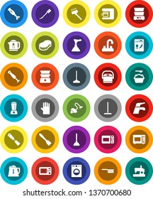 White Solid Icon Set- plunger vector, water tap, vacuum cleaner, fetlock, mop, sponge, car, washing powder, rubber glove, kettle, spatula, microwave oven, double boiler, blender, washer, dishwasher