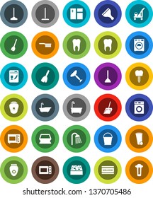 White Solid Icon Set- plunger vector, scraper, cleaner trolley, broom, fetlock, mop, scoop, bucket, sponge, trash bin, window cleaning, welcome mat, bath, washer, shower, microwave oven, tooth