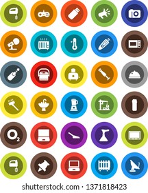 White Solid Icon Set- plunger vector, vacuum cleaner, scoop, cleaning agent, sink, mixer, toaster, microwave oven, thermometer, dish, paper pin, oxygen, microphone, remote control, notebook pc, jack