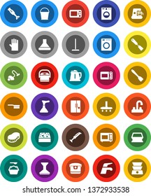 White Solid Icon Set- plunger vector, water tap, vacuum cleaner, fetlock, mop, bucket, sponge, car, washing powder, rubber glove, kettle, spatula, microwave oven, blender, fridge, washer, hood