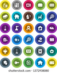 White Solid Icon Set- plunger vector, cleaner trolley, mop, sponge, welcome mat, steaming, shining window, house hold, sink, woman, oven, home, cottage, chalet, estate document, search, key, love
