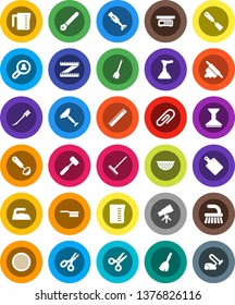 White Solid Icon Set- plunger vector, scraper, broom, fetlock, rake, car, iron, colander, measuring cup, spatula, ladle, rolling pin, meat hammer, cutting board, blender, sieve, pen, ruler, scissors