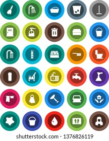 White Solid Icon Set- plunger vector, scraper, cleaner trolley, broom, fetlock, mop, bucket, clothespin, sponge, towel, trash bin, water drop, tap, splotch, welcome mat, toilet, drying clothes, sink