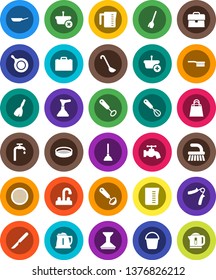 White Solid Icon Set- plunger vector, broom, fetlock, bucket, water tap, car, pan, kettle, measuring cup, whisk, ladle, sieve, case, hand trainer, scalpel, supply, shopping bag, basket