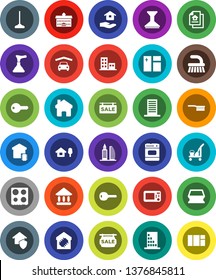 White Solid Icon Set- plunger vector, cleaner trolley, fetlock, mop, sponge, car, window cleaning, house hold, oven, university, home, chalet, garage, estate document, sale signboard, apartments