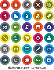 White Solid Icon Set- plunger vector, water drop, plates, pan, spatula, knife, pencil, cart, horizontal bar, roller Skates, heart monitor, hoop, run, plane, client, port, big scales, radio, settings