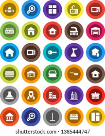 White Solid Icon Set- plunger vector, fetlock, mop, sponge, welcome mat, shining window, sink, cleaner woman, microwave oven, university, school building, warehouse, home, key, house, garage, rooms