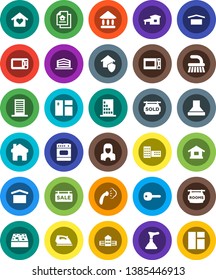 White Solid Icon Set- plunger vector, fetlock, sponge, window cleaning, iron, steaming, cleaner woman, microwave oven, school building, university, dry cargo, home, key, cottage, estate document