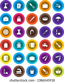 White Solid Icon Set- plunger vector, fetlock, bucket, water tap, car, toilet brush, kettle, measuring cup, cook press, whisk, spatula, ladle, sieve, case, hand trainer, umbrella, scalpel, supply