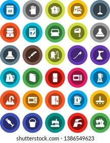 White Solid Icon Set- plunger vector, water tap, vacuum cleaner, mop, bucket, sponge, car fetlock, washing powder, rubber glove, kettle, microwave oven, double boiler, blender, fridge, dishwasher