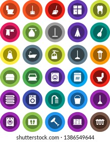 White Solid Icon Set- plunger vector, scraper, broom, mop, scoop, bucket, sponge, towel, welcome mat, bath, toilet, drying clothes, washer, liquid soap, shining window, shower, tooth, dishwasher
