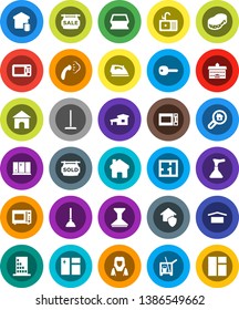 White Solid Icon Set- plunger vector, cleaner trolley, mop, sponge, car fetlock, window cleaning, iron, steaming, shining, sink, woman, microwave oven, university, dry cargo, home, key, cottage