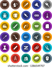 White Solid Icon Set- plunger vector, scraper, fetlock, sponge, car, iron, steaming, pan, colander, measuring cup, cook press, ladle, cutting board, blender, pen, ruler, drawing compass, scissors