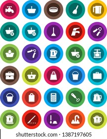 White Solid Icon Set- plunger vector, broom, water tap, bucket, toilet brush, kettle, measuring cup, cook press, whisk, grater, sieve, case, hand trainer, scalpel, shopping bag, basket