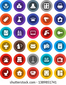 White Solid Icon Set- plunger vector, water tap, mop, steaming, toilet, house hold, sink, oven, double boiler, dry cargo, rent signboard, office building, key, tv, smart home, dishwasher, siren, web