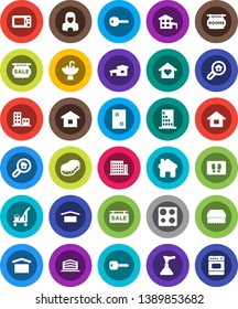 White Solid Icon Set- plunger vector, cleaner trolley, sponge, window cleaning, welcome mat, sink, woman, oven, dry cargo, home, key, house, cottage, sale signboard, rooms, apartments, search estate