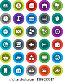 White Solid Icon Set- plunger vector, garbage pile, cereal, alarm clock, document, graph, wallet, presentation board, dollar medal, bike, first aid kit, earth, calendar, wood box, no hook, shelving