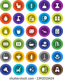 White Solid Icon Set- plunger vector, scraper, cleaner trolley, vacuum, mop, scoop, bucket, clothespin, sponge, towel, water drop, car fetlock, shining, welcome mat, bath, toilet, washer, plates