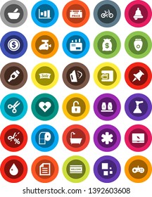 White Solid Icon Set- plunger vector, water drop, welcome mat, steaming, toilet paper, spices, bell, scissors, document, dollar coin, graph, bike, notebook pc, thumbtack, hdmi, ambulance star, bath