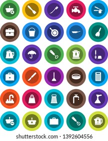 White Solid Icon Set- plunger vector, broom, bucket, water tap, car fetlock, toilet brush, pan, kettle, cook press, whisk, spatula, grater, sieve, case, umbrella, scalpel, supply, shopping bag
