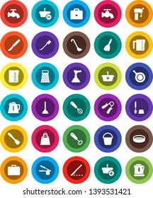 White Solid Icon Set- plunger vector, broom, bucket, water tap, car fetlock, toilet brush, pan, kettle, measuring cup, cook press, whisk, spatula, ladle, grater, sieve, case, hand trainer, scalpel