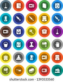 White Solid Icon Set- plunger vector, vacuum cleaner, fetlock, mop, bucket, sponge, car, washing powder, rubber glove, microwave oven, double boiler, blender, fridge, washer, dishwasher, mixer, hood