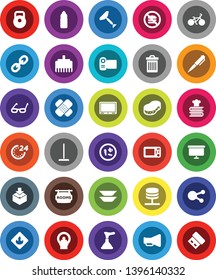 White Solid Icon Set- plunger vector, scraper, mop, sponge, trash bin, cookbook, plates, glasses, pen, presentation board, bike, weight, water bottle, no fastfood, package, flammable, loudspeaker