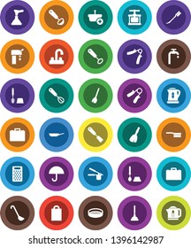 White Solid Icon Set- plunger vector, broom, fetlock, car, toilet brush, water tap, pan, kettle, cook press, whisk, spatula, ladle, grater, sieve, case, hand trainer, umbrella, supply, shopping bag