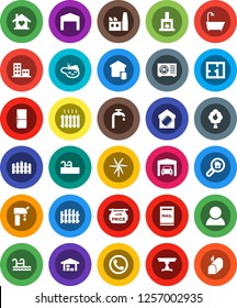 White Solid Icon Set- pond vector, pool, mailbox, windmill, water supply, fruit tree, garage, barn, fence, plan, low price signboard, apartments, search estate, consumer, table, bath, love home