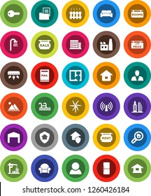 White Solid Icon Set- pool vector, mailbox, windmill, mountain, barn, plan, estate document, sale signboard, rent, rooms, low price, apartments, office building, search, consumer, key, bath, heating