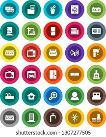 White Solid Icon Set- pool vector, windmill, water supply, garage, estate document, sale signboard, rent, sold, apartments, search, consumer, washer, relocation truck, love home, fireplace, fridge