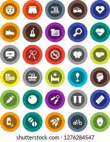 White Solid Icon Set- potato vector, heart pulse, pills vial, bike, jump rope, hand trainer, punching bag, fitball, snickers, boxing glove, shorts, shuttlecock, pool, no smoking, monitor, cross