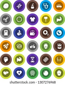 White Solid Icon Set- potato vector, bike, fitball, muscule hand, buttocks, t shirt, target, sports nutrition, shuttlecock, heart cross, hoop, oxygen, disabled, flask, dna, pregnancy, scissors
