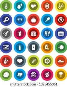 White Solid Icon Set- potato vector, diet, measuring, stadium, pills vial, horizontal bar, punching bag, swimsuite, medal, enegry drink, calendar, no alcohol sign, gymnast rings, heart, pulse, sperm