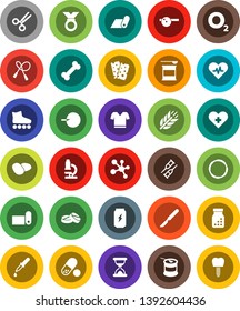 White Solid Icon Set- potato vector, microscope, jump rope, t shirt, roller Skates, medal, pills, sports nutrition, enegry drink, molecule, fitness mat, cereals, breads, bone, hoop, oxygen, cross