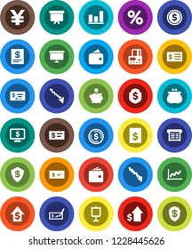 White Solid Icon Set- presentation vector, dollar coin, graph, credit card, wallet, crisis, piggy bank, growth, check, receipt, board, shield, monitor, yen sign, percent