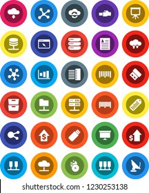 White Solid Icon Set- presentation vector, archive, personal information, graph, dollar growth, board, barcode, music hit, social media, network, server, folder, cloud, exchange, big data, browser