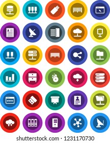 White Solid Icon Set- presentation vector, archive, personal information, graph, binder, board, barcode, music hit, social media, server, network folder, cloud, exchange, big data, browser, hub, usb