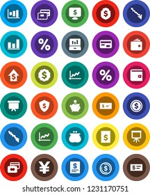 White Solid Icon Set- presentation vector, dollar coin, graph, laptop, credit card, wallet, crisis, piggy bank, growth, receipt, board, medal, shield, monitor, yen sign, percent, check