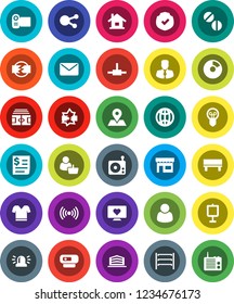 White Solid Icon Set- presentation vector, pie graph, manager, stadium, t shirt, heart monitor, map pin, receipt, protected, shelving, radio, social media, pills, connect, disconnection, bench, mail