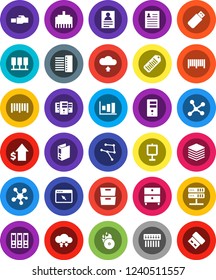 White Solid Icon Set- presentation vector, archive, personal information, graph, dollar growth, binder, barcode, music hit, social media, network, server, cloud exchange, big data, browser, hub, usb