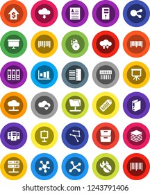 White Solid Icon Set- presentation vector, archive, personal information, graph, dollar growth, binder, board, barcode, music hit, social media, network, folder, server, cloud, shield, exchange, hub