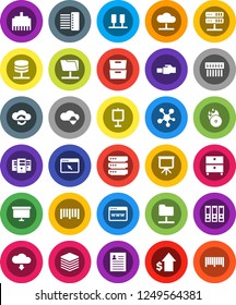 White Solid Icon Set- presentation vector, archive, personal information, dollar growth, binder, board, barcode, music hit, social media, server, network folder, cloud, shield, exchange, big data