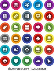 White Solid Icon Set- presentation vector, archive, personal information, graph, dollar growth, board, barcode, music hit, social media, server, network folder, cloud, exchange, big data, browser