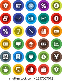White Solid Icon Set- presentation vector, dollar coin, graph, laptop, credit card, wallet, crisis, piggy bank, growth, check, receipt, board, medal, shield, yen sign, percent