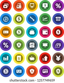 White Solid Icon Set- presentation vector, dollar coin, graph, laptop, credit card, wallet, crisis, piggy bank, growth, check, receipt, board, medal, shield, monitor, yen sign, percent