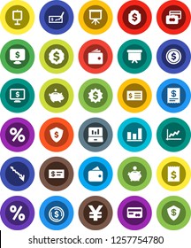 White Solid Icon Set- presentation vector, dollar coin, graph, laptop, credit card, wallet, crisis, piggy bank, check, receipt, board, medal, shield, monitor, yen sign, percent
