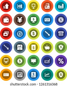 White Solid Icon Set- presentation vector, dollar coin, graph, laptop, credit card, wallet, crisis, piggy bank, growth, check, receipt, board, medal, monitor, yen sign, percent, shield