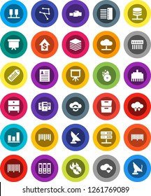 White Solid Icon Set- presentation vector, archive, personal information, graph, dollar growth, binder, board, barcode, music hit, network, server, cloud, shield, exchange, big data, hub